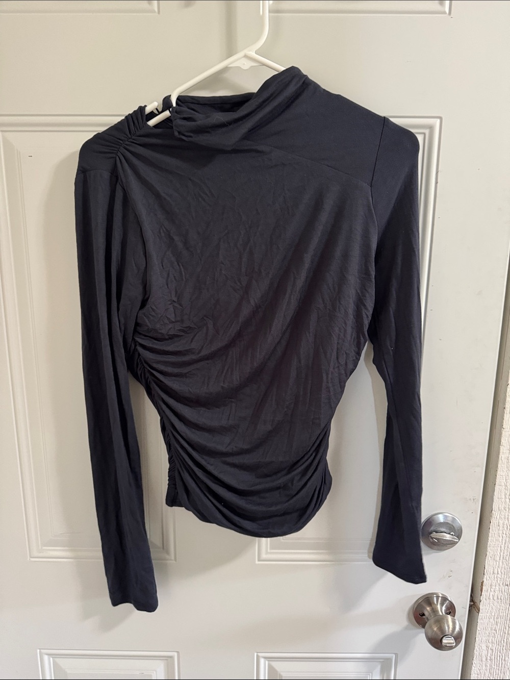 Women’s Black Ruched Long-Sleeve Top with High Neck